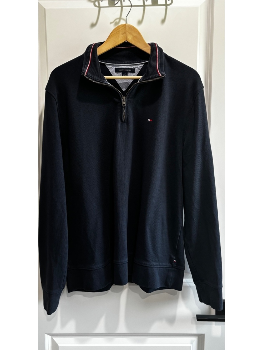 Tommy Hilfiger 1/4 Zip Navy Blue Mock Neck Fleece Pullover Sweatshirt Large